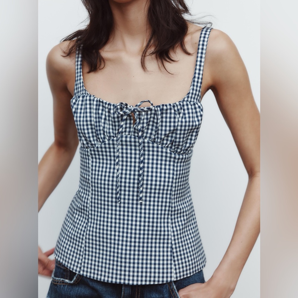 Zara Blue & White Gingham Stretch Top | Size: Small